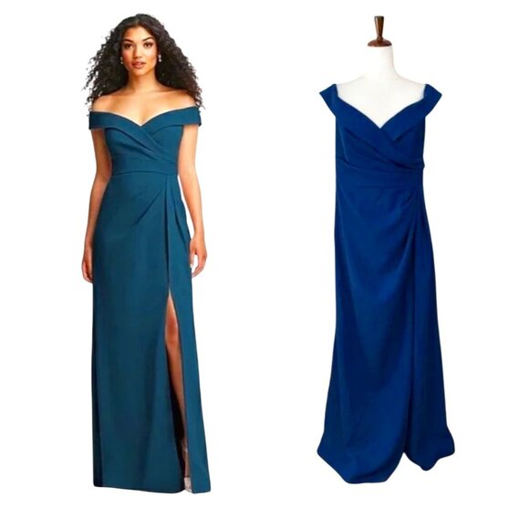 After Six Atlantic Blue Formal Gown Size 8R Off-The-Shoulder Slit Maxi Dress - Picture 1 of 8
